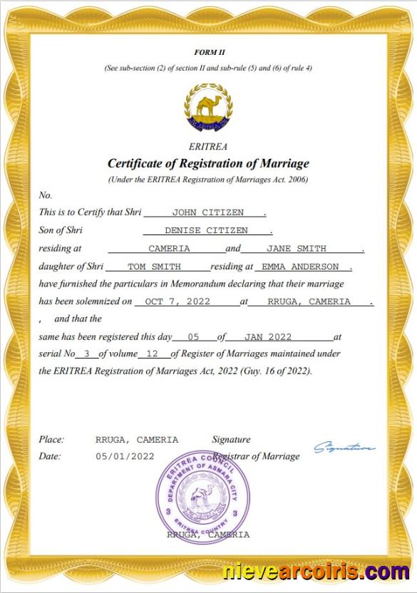 Eritrea marriage certificate